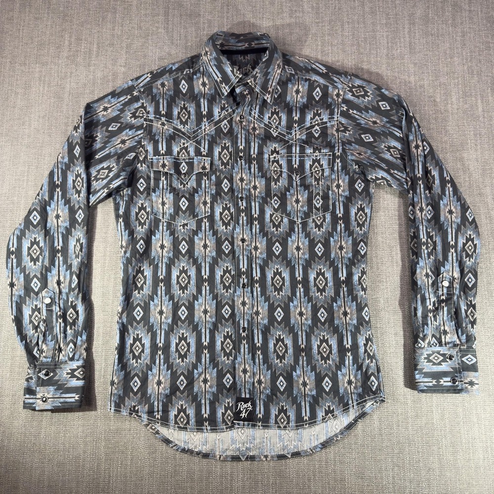 Wrangler Rock 47 Shirt Mens Small Gray Aztec Western Pearl Snap Long Sleeve